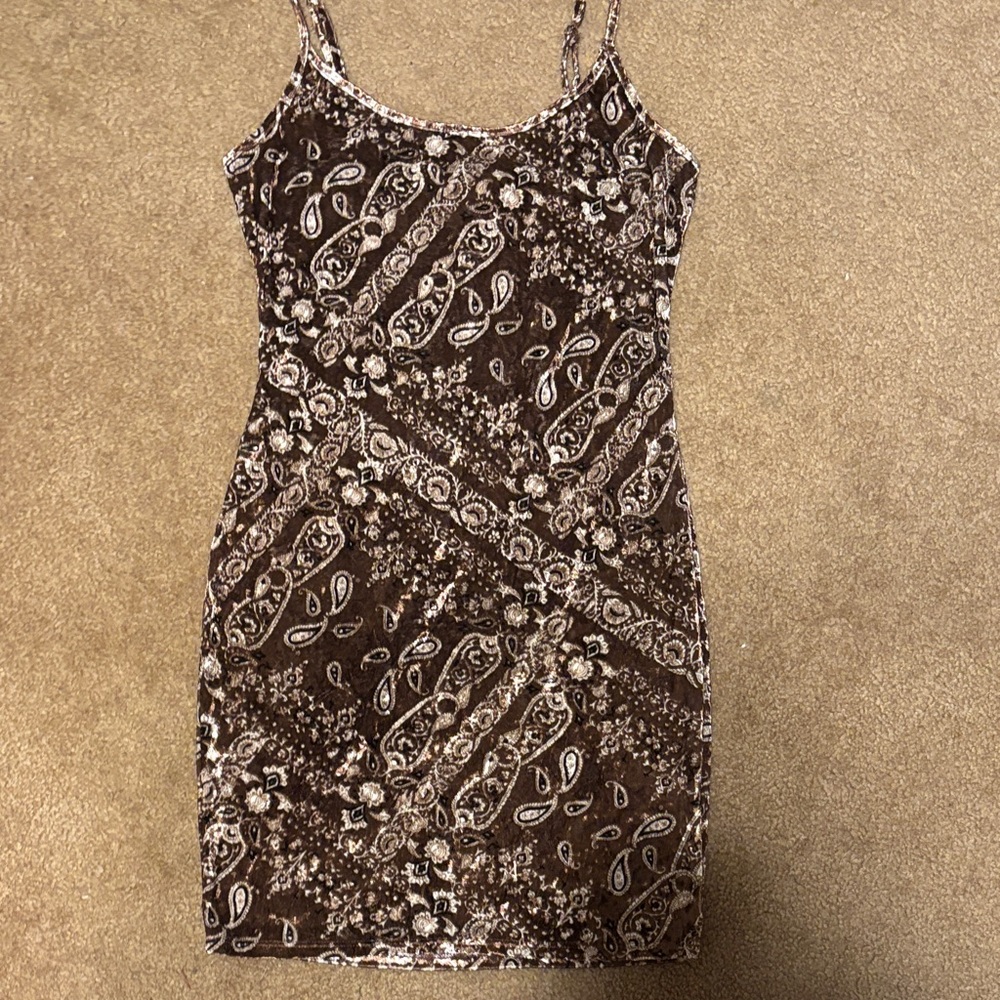 Bear Dance Brown and Cream Paisley Mini Dress